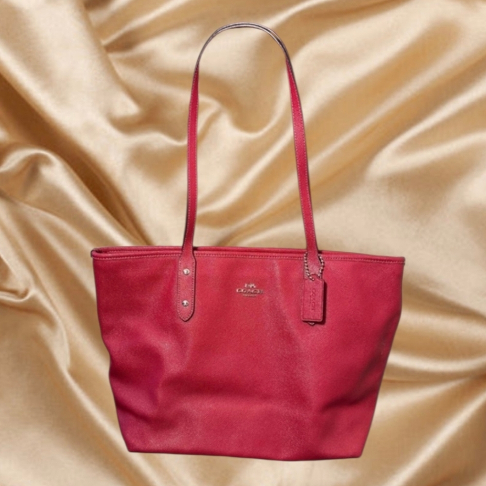 💋Coach City Zip Top Tote Bag Purse Red Crossgrain Leather F58846